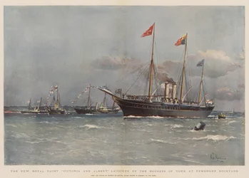 Het Nieuwe Koninklijke Jacht Victoria en Albert, gelanceerd door de Hertogin van York in Pembroke Dockyard